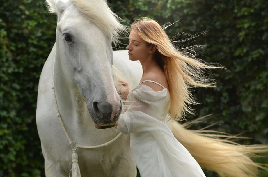 a white horse and a lady in white